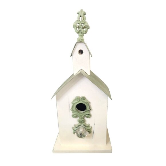 Charming Decorative Wooden Birdhouse With Distressed White & Green Finish Embell - Picture 2 of 7